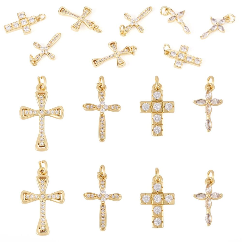 5723 Beadthoven 8pcs Micro Pave Cubic Zirconia Cross Charms Real 18K Golden